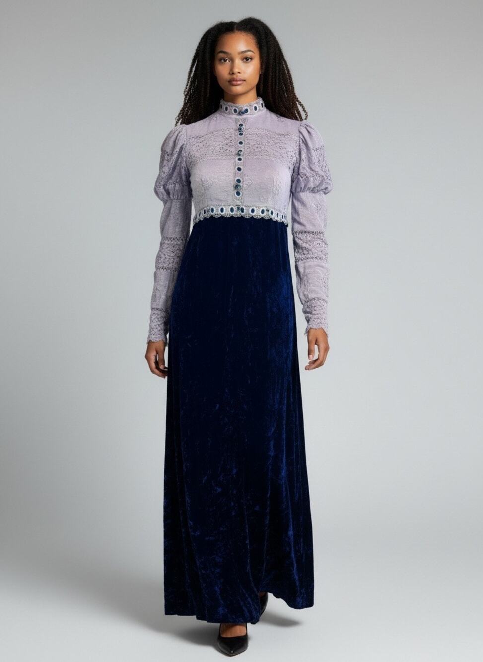 Vintage Union Made Victorian Style Maxi Dress Velvet and Lace size 4